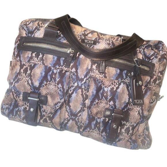 Tumi Brown and Blue Nylon Leather Snakeskin Print Weekender Bag Tote - Picture 1 of 12